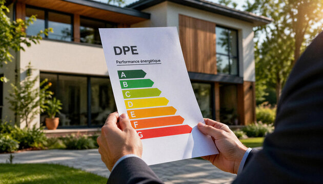 Mains de technicien tenant un livret de diagnostic de performance &eacute;nerg&eacute;tique, dpe, devant la maison	