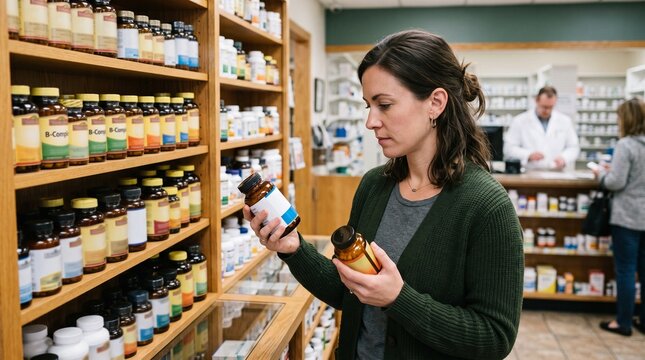 Woman holding supplement bottles in a pharmacy aisle comparing products with a pharmacist in the background