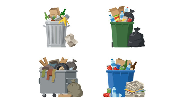Set of various overflowing trash cans and recycling bins