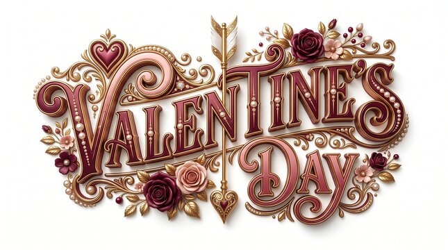 Elegant Valentines Day Typography with Ornate Gold and Floral Accents