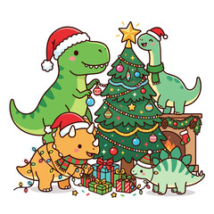Cute cartoon dinosaurs decorating a festive Christmas tree together © saruto
