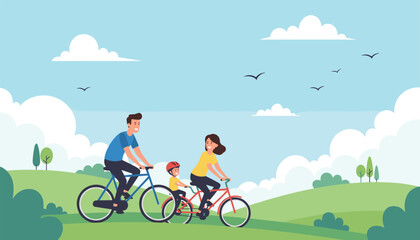 Fototapeta premium Happy family with a father, mother, and small child riding bicycles together on a trail through a green park.