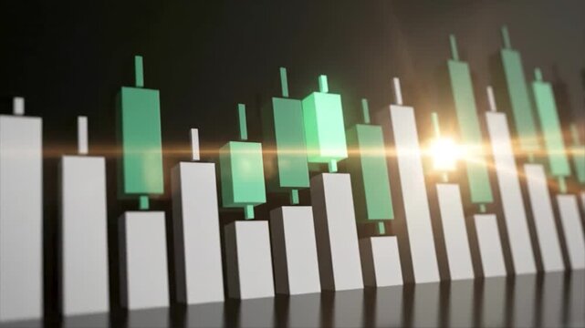 4K Minimalist 3D Candlestick Chart Pattern with Shifting Soft Light Beams