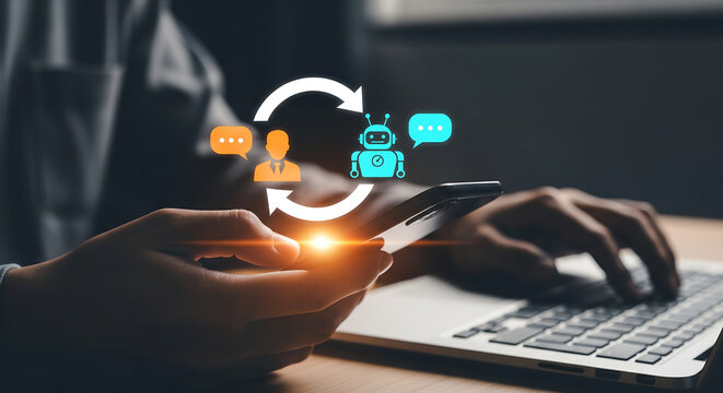 Close-up of hands holding a smartphone with glowing AI chatbot and human sync icons, digital communication overlay, concept for customer support, AI automation and digital transformation