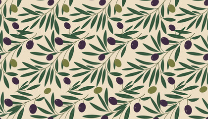 Fototapeta premium Elegant seamless background pattern of olive branches with green and black olives on a light cream-colored backdrop.
