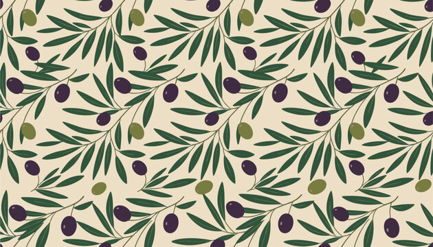 Elegant seamless background pattern of olive branches with green and black olives on a light cream-colored backdrop.