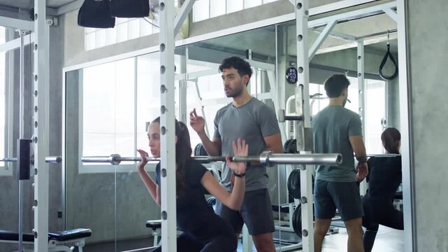 Fitness coach guiding individual during weightlifting session in contemporary gym setting