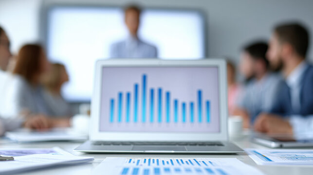 Laptop displaying a bar graph in a business meeting room with blurred professionals discussing in the background.
