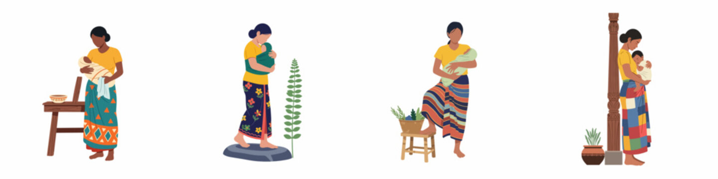 Set of minimalist illustrations depicting a South Asian mother in traditional dress holding her baby in various daily life scenes.