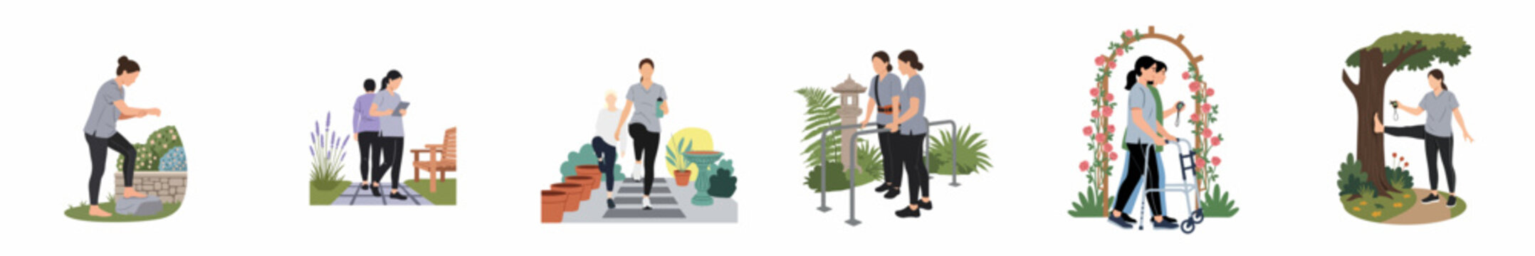 Set of illustrations depicting various outdoor physical therapy and rehabilitation exercises in a garden setting for improved mobility and recovery.