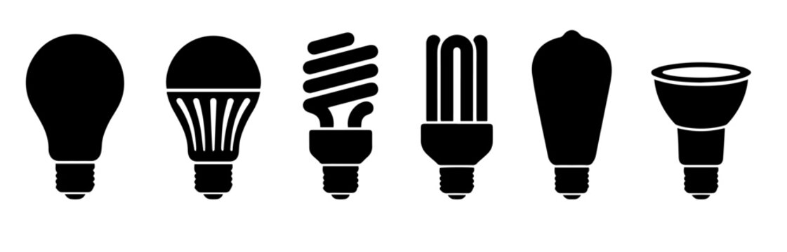 Light bulb icon vector set with classic, LED, CFL, and spotlight lamp designs.