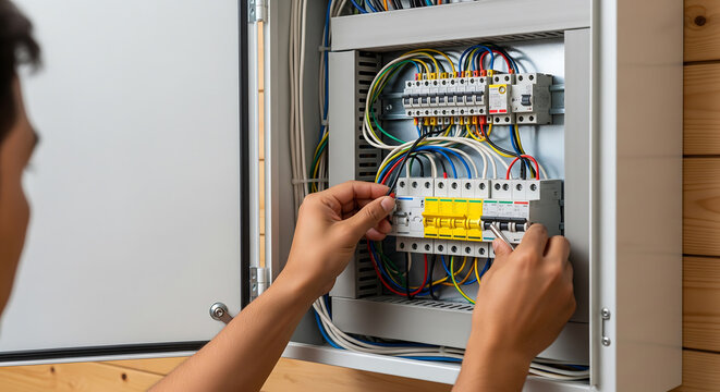 Close-up of hands wiring electrical panel with colorful cables and circuit breakers, concept for electrician work, home renovation and power supply maintenance