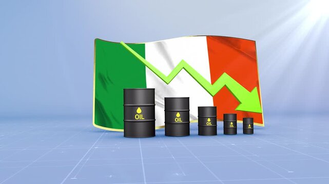 Ireland Oil Price Falling with Oil Barrels Downward Green Arrow and 3D Financial Data Visualization Graphs for Economy and Business Concept