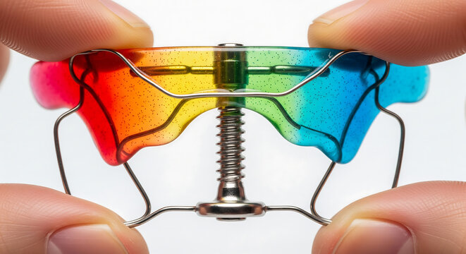 Close-up of rainbow colored dental expander held by fingers, concept for orthodontics, dental care and smile correction