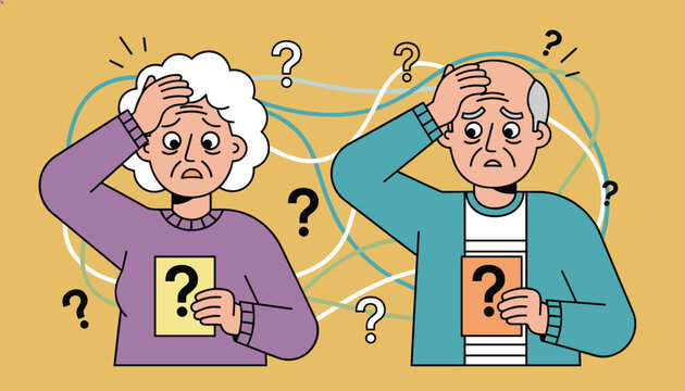 Elderly couple experiencing confusion and memory loss as they hold question mark signs against a tangled line background.