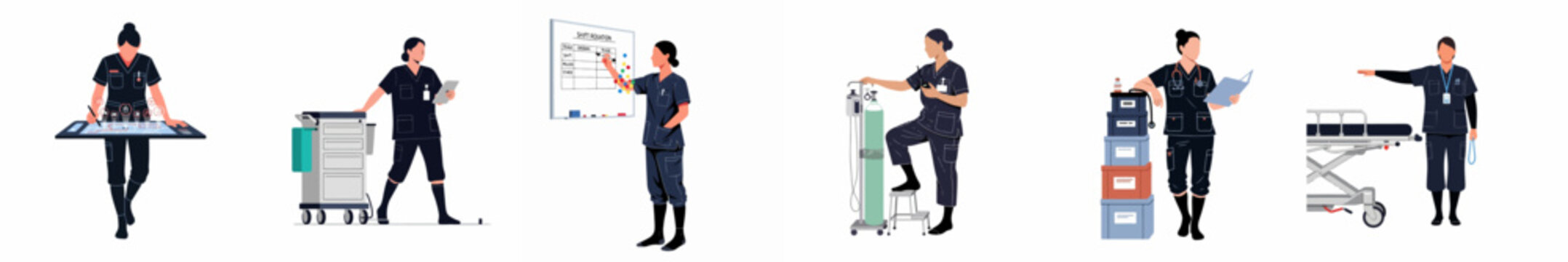 Set of female medical professionals in dark blue scrubs performing various healthcare duties, including using digital tools, managing equipment, and organizing shifts.