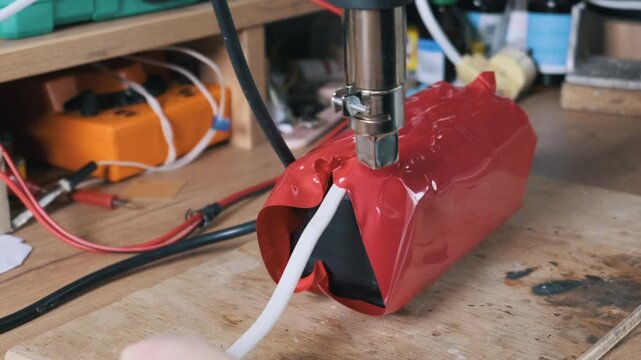 A heat gun blows hot air onto red shrink tubing covering a custom lithium-ion battery pack on a wooden workbench. Concept of DIY electronics, battery assembly, and electrical maintenance.