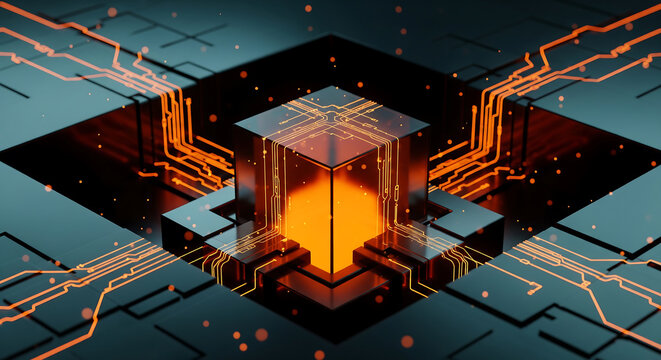 Glowing orange 3D processor cube with neon circuit traces on a dark motherboard, isometric 3D rendering, concept for quantum computing, cloud infrastructure and data center development