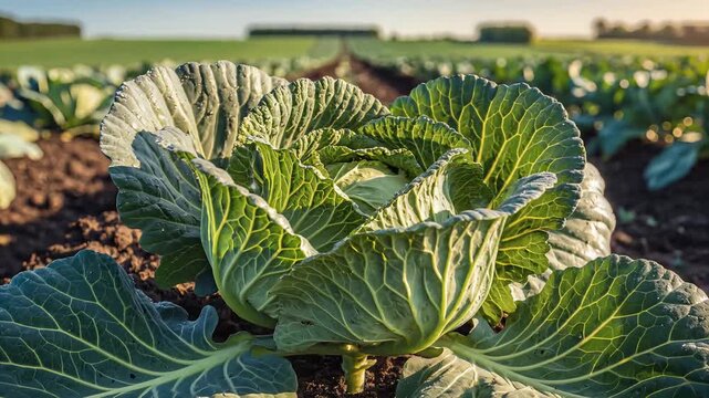 Fresh green cabbage growing in agricultural field under bright sunlight agriculture and healthy food concept
