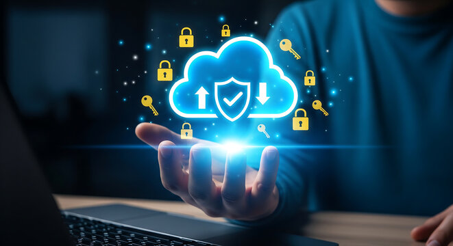 Hand outstretched to cradle a glowing blue cloud security hologram with padlocks and keys floating above a laptop, ideal for cybersecurity campaigns, cloud service marketing and IT education materials