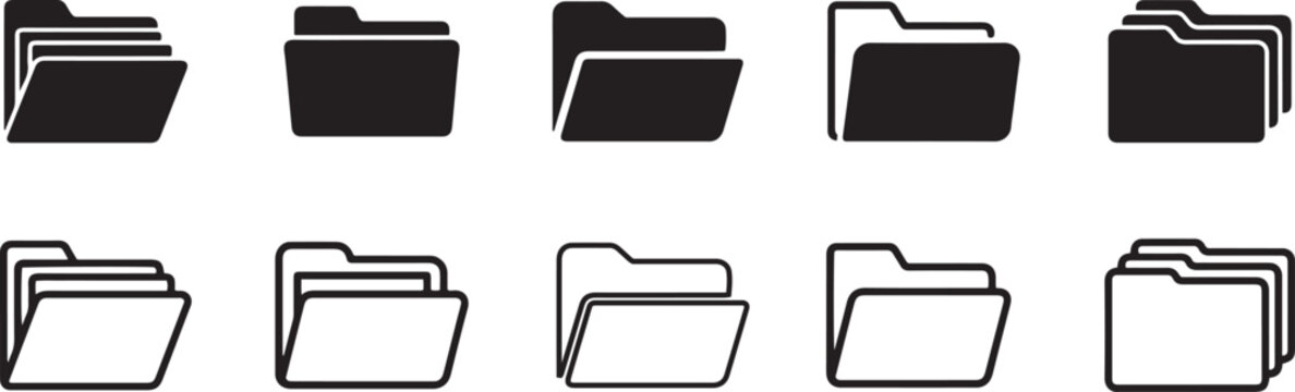 Directory and file folder icons in multiple perspectives with solid and line art styles.