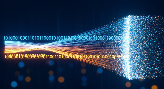 Glowing blue and orange binary code streams transform into a shimmering digital particle cloud representing complex data processing and information