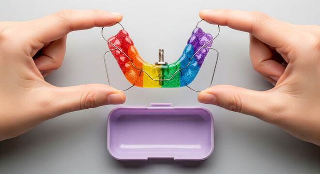 Hands holding a colorful rainbow dental retainer with glitter, above an open lilac case, concept for dental care, orthodontics and oral hygiene promotion