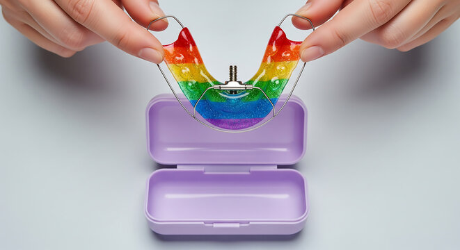 Hands holding a rainbow-colored dental retainer with glitter and a purple case, studio shot, concept for orthodontic treatment, oral hygiene and dental care