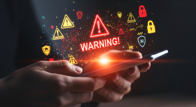 Digital alert warning icons over smartphone held by hands, concept for cybersecurity threat, data breach notification and online security