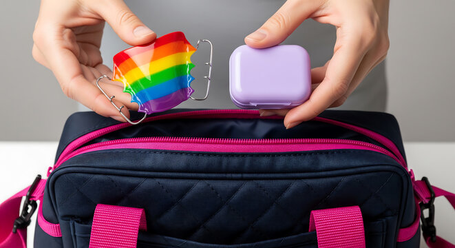 Hands holding colorful orthodontic retainer and its case, presented by bag, modern concept for dental care, oral hygiene, and cosmetic dentistry