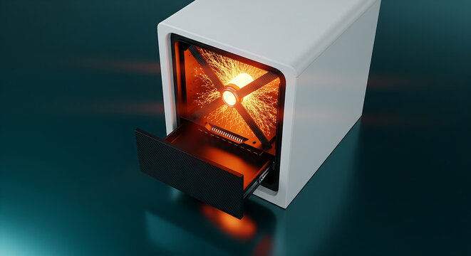 Sleek white computational device with glowing orange particle emission, representing advanced AI technology, ideal for tech industry promotion, scientific breakthroughs, and future concept