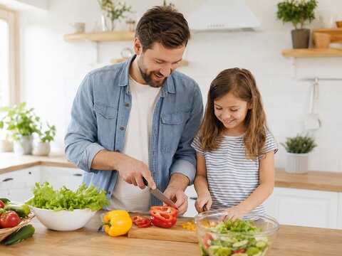 father, daughter, family, cooking, kitchen, healthy food, vegetables, salad, home cooking, parenting, child, family lifestyle, preparing food, fresh vegetables, healthy eating, fatherhood, parent and 