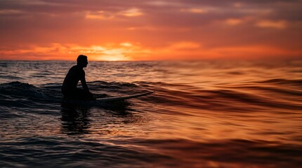 Fototapeta premium Silhouette of a male surfer sitting on his board during golden sunset