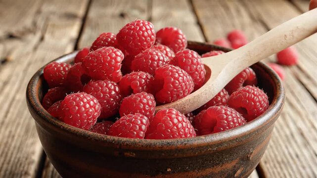 Fresh red raspberries in rustic bowl with wooden spoon close up healthy food photography