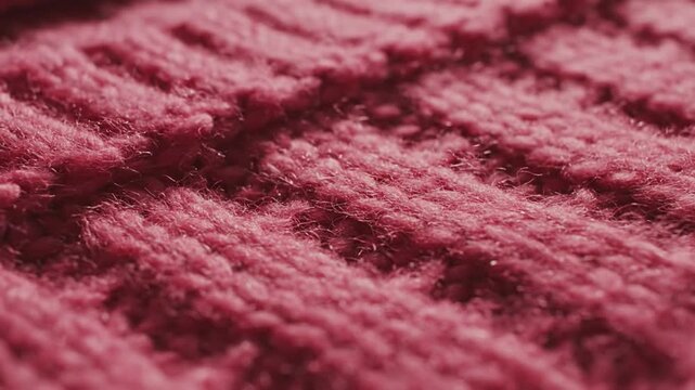 Close up view of cozy textured crimson knitted fabric with soft threads and detailed stitching