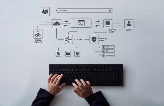 IT Administrator Typing on Keyboard with Cloud Computing, AI, and Cybersecurity Network Architecture Diagram Concept