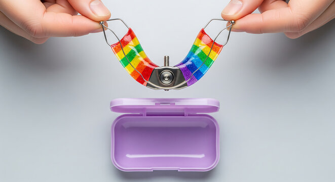 Rainbow colored dental retainer with metal adjustment screw and purple case, concept for dental care, orthodontic treatment and smile correction