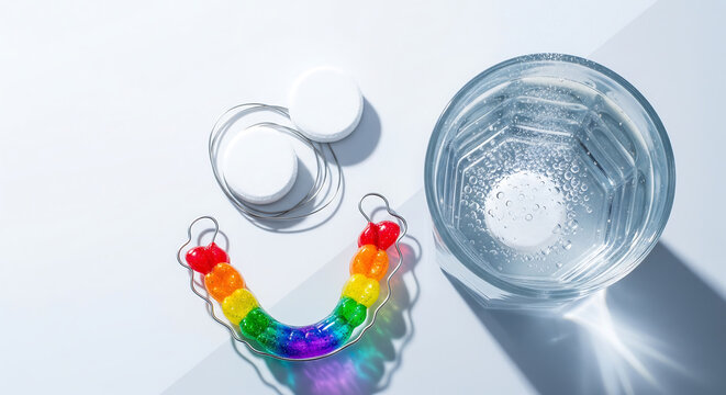 Rainbow retainer with effervescent tablets and glass of water, top view, perfect for dental care, oral hygiene and orthodontic product promotion