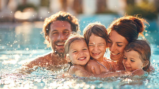 Family playing in swimming pool on summer vacation, parents holding children, splashing water, happy outdoor resort scene.