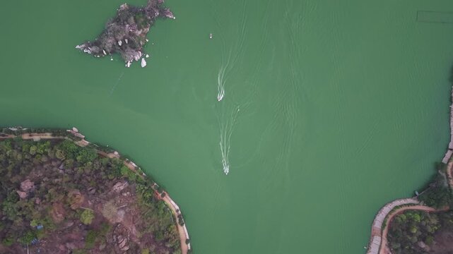 Aerial shot of Boat Riding at Durgam Cheruvu at Hyderabad, India