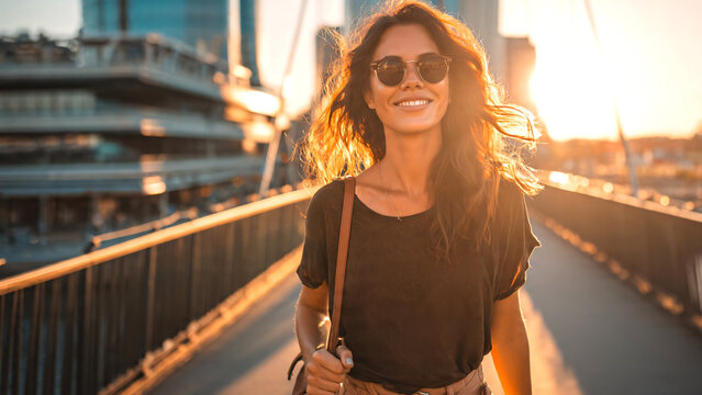 Smiling young woman walking across an urban bridge during a summer vacation abroad, stylish casual travel outfit with sunglasses and shoulder bag,vibrant cityscape modern architecture background.