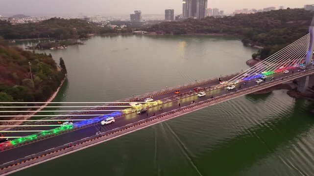 Aerial shot of Boat Riding at Durgam Cheruvu at Hyderabad, India