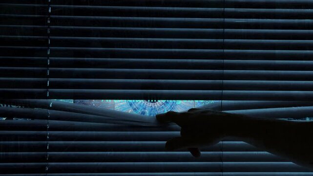 Artificial Technology new world concept. A person is peaking through the window blinds to discover the AI technology world outside.