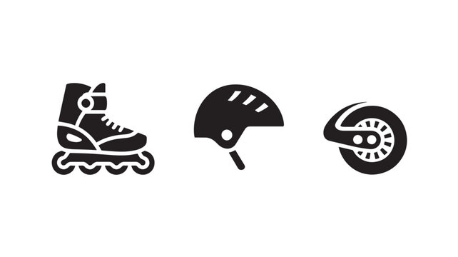 Inline skate, protective helmet, and wheel icon signify popular recreational activities and safety gear for urban sports enthusiasts.