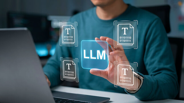 Developer interacting with LLM large language model text data icon