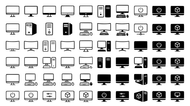 Modern Desktop Computer Symbol Vector Pack with PC Monitor Icons and Black Tech Logo Collection