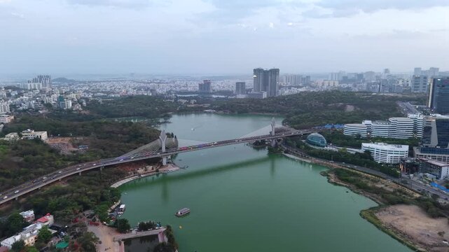 Aerial shot of traffic at Durgam Cheruvu Bridge at Hyderabad, India