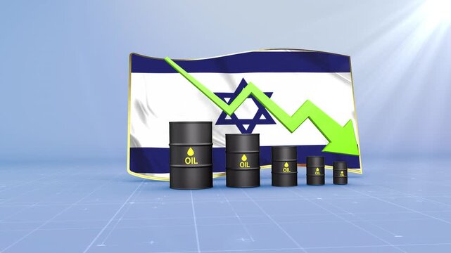Israel Oil Price Falling with Oil Barrels Downward Green Arrow and 3D Financial Data Visualization Graphs for Economy and Business Concept
