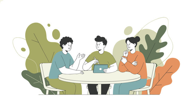 Three colleagues gather around a table to discuss business strategy while working collaboratively on a project using a digital tablet device.