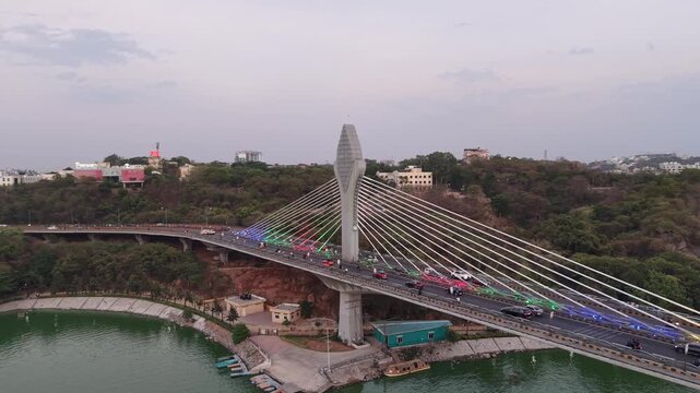 Aerial shot of traffic at Durgam Cheruvu Bridge at Hyderabad, India